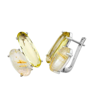 Серебряные серьги с лимонным топазом и рутиловым кварцем золотым – Mirserebra925.ru